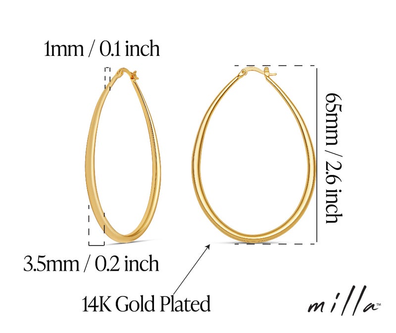MILLA Oval Hoop Earrings - 14K Gold Plated, Rose Gold Plated and Sterling Silver Plated Hoop Earrings for Women - Hypoallergenic & Lightweight (14K Gold Plated / 65 mm / 2.6 inches) - Image 3